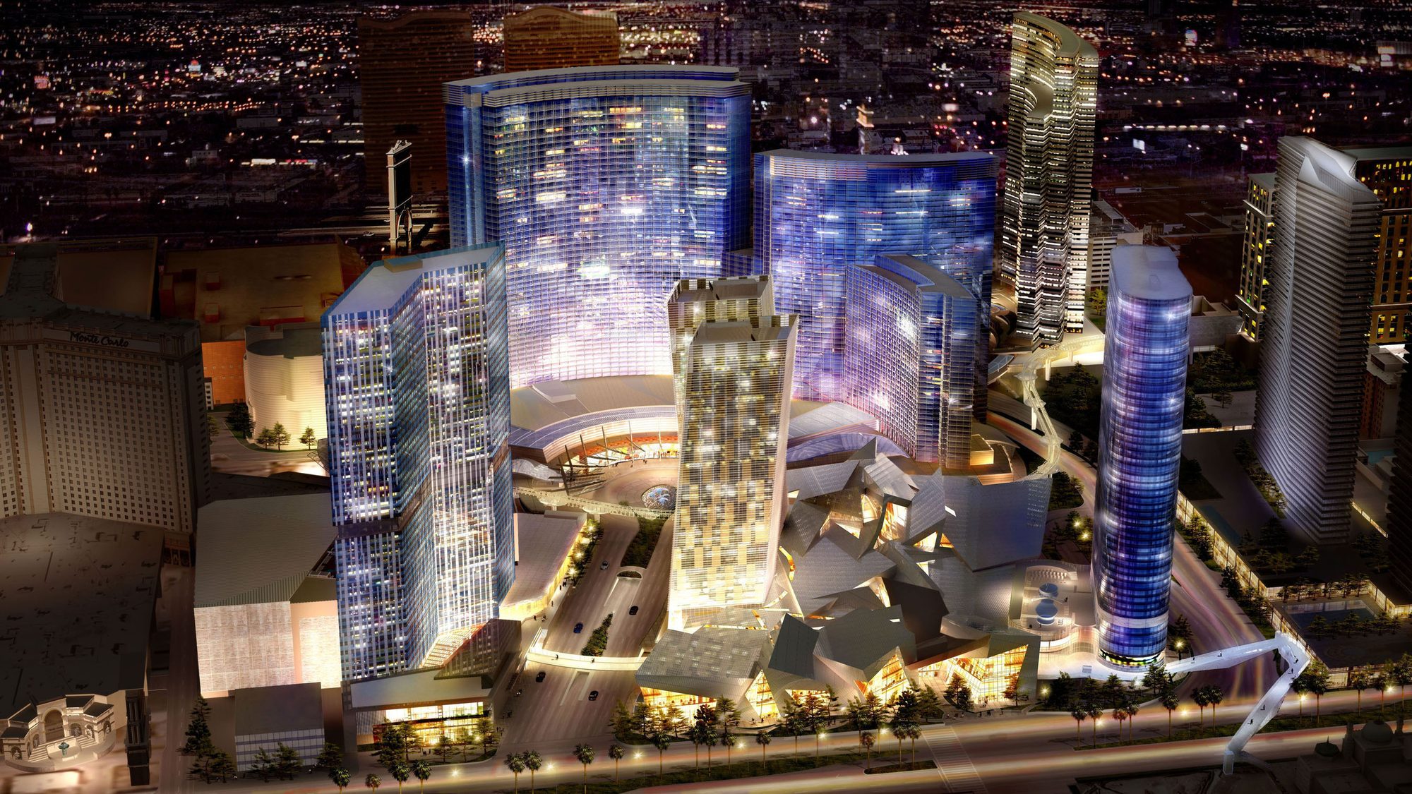 CityCenter and the Strip&rsquo;s mega-resorts in Las Vegas at dusk